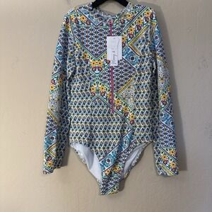 Jessica Simpson Swimsuit Girls XL (14/16) One Piece Floral Long Sleeve UPF NEW